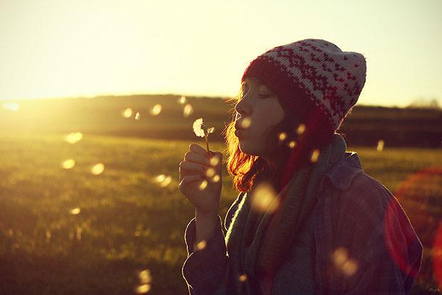 Girl blowing a dandelion at sunset