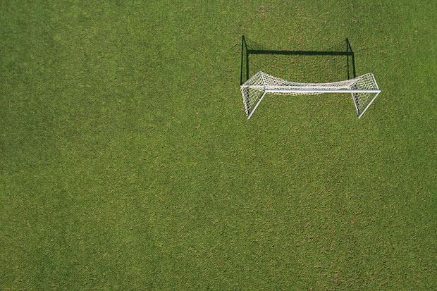 A goal on grass photographed from above