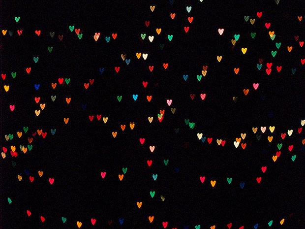 Lots of small, colourful heart shaped lights