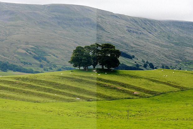 Landscape with and without a polarising filter
