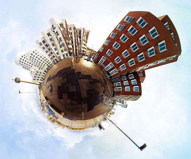 Stereographic projection showing city buildings