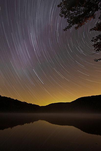 Star trails reflected in a lake